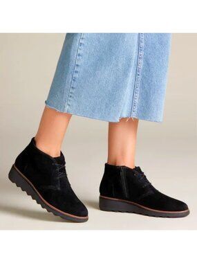 Clarks Collection Sharon Hop Suede Wedge Ankle Boots, Black, Women's 9.5